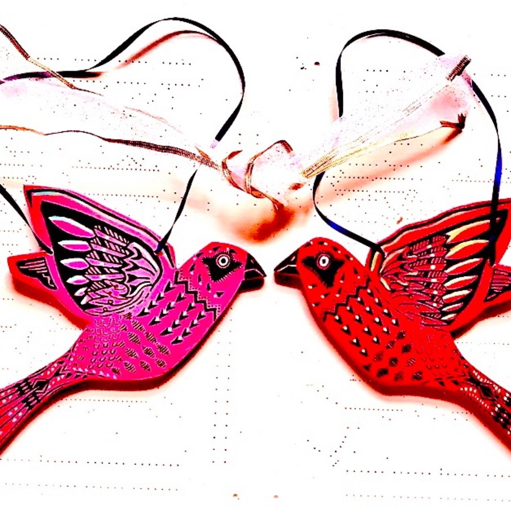Wooden birds - 2 homemade decorative hanging bird artworks one red- one pink